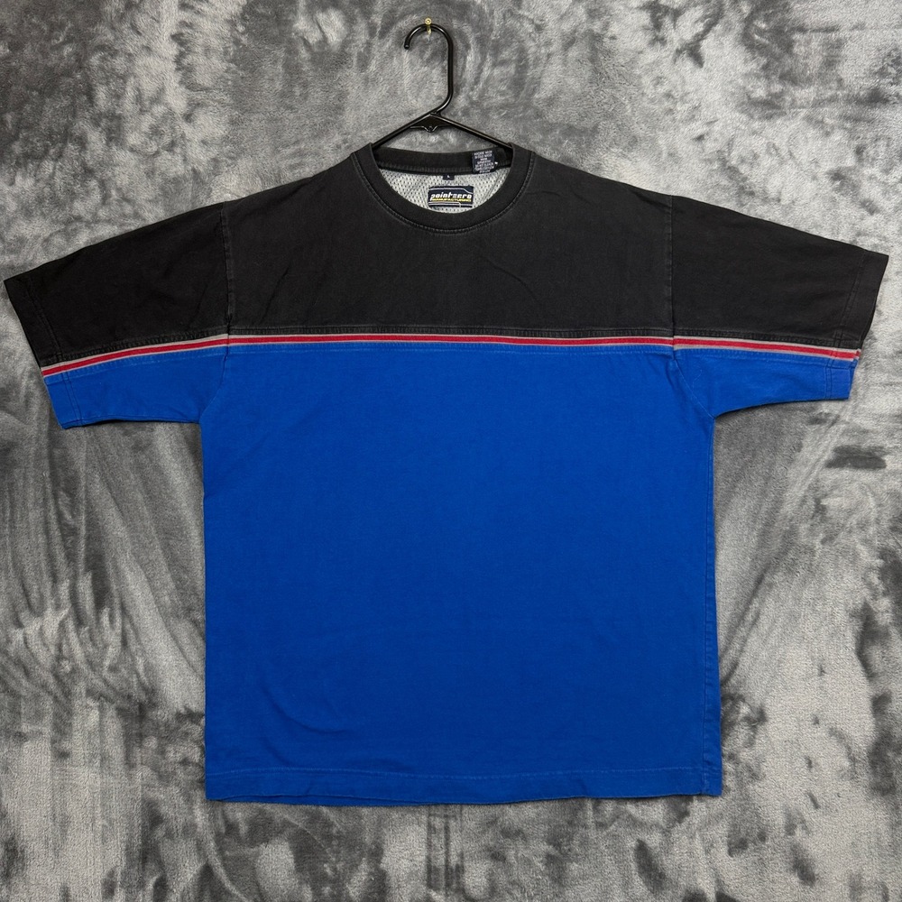 Point Zero T-Shirt Mens Large Blue Black Colorblock Striped Short Sleeve Cotton
